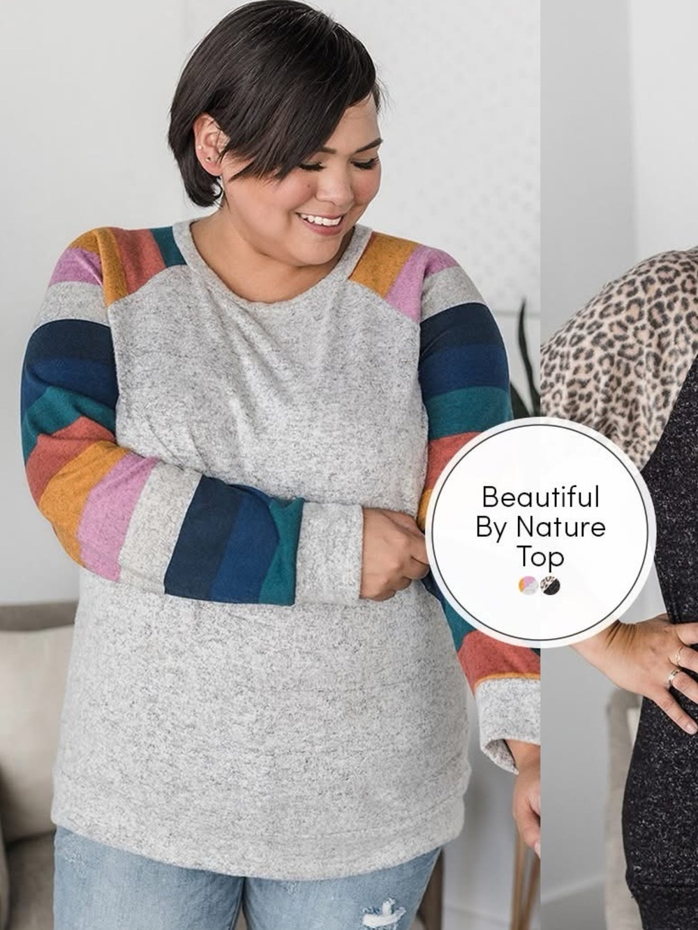 Beautiful by Nature Top (NWOT) 🍒Grey Rainbow Sleeves, Size XS** fits like a S/M